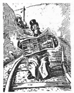 Victorian man reading paper on railroad tracks