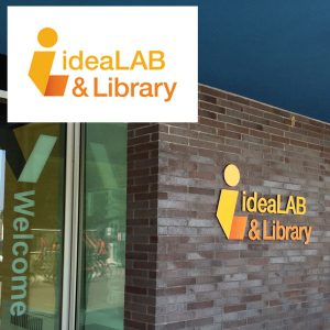 The new Innisfil ideaLAB & Library logo, inset, along with signage application at library entrance.