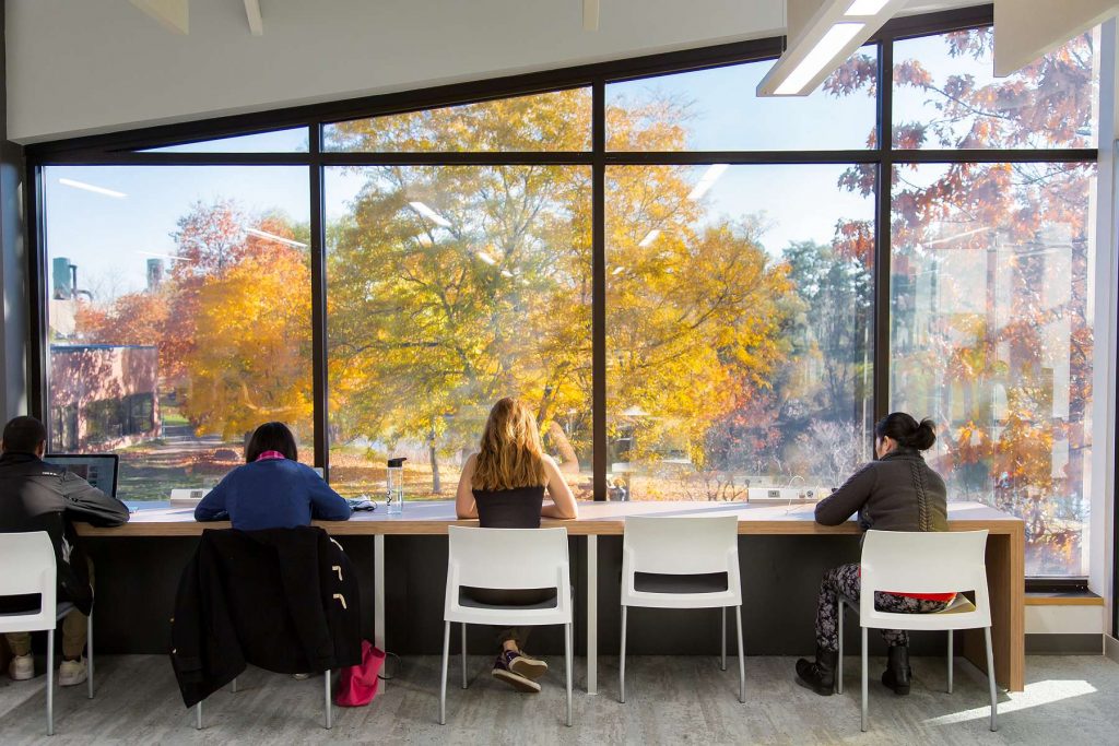 Image of students working on a long table by a window. Autum foliage is visible outside.