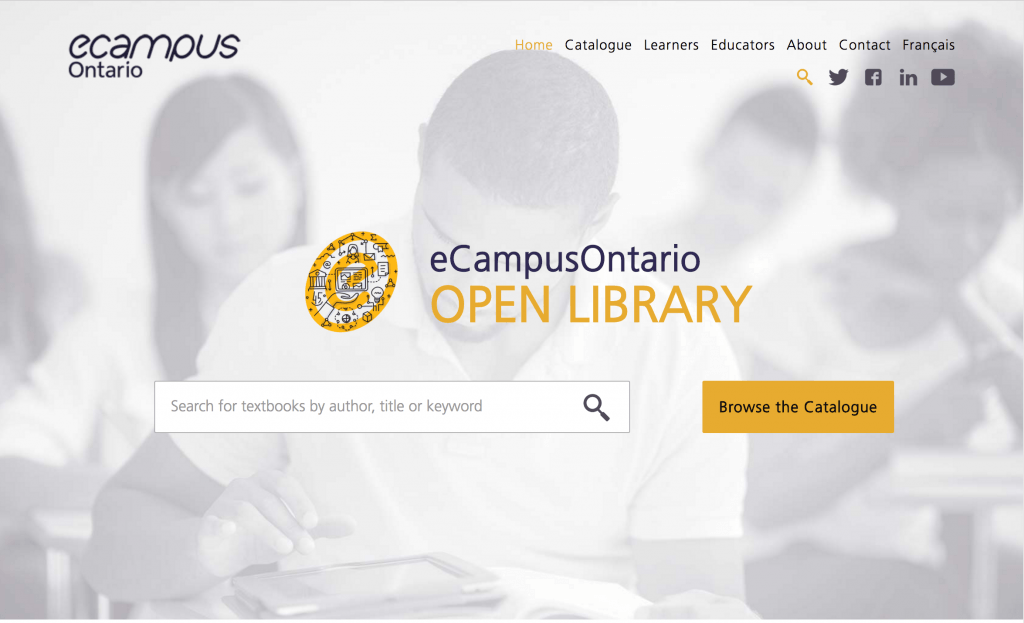 Screenshot of the eCampusOntario Open Library web page. It features a prominent search bar below the logo of the open library, with a background image of students in a classroom.